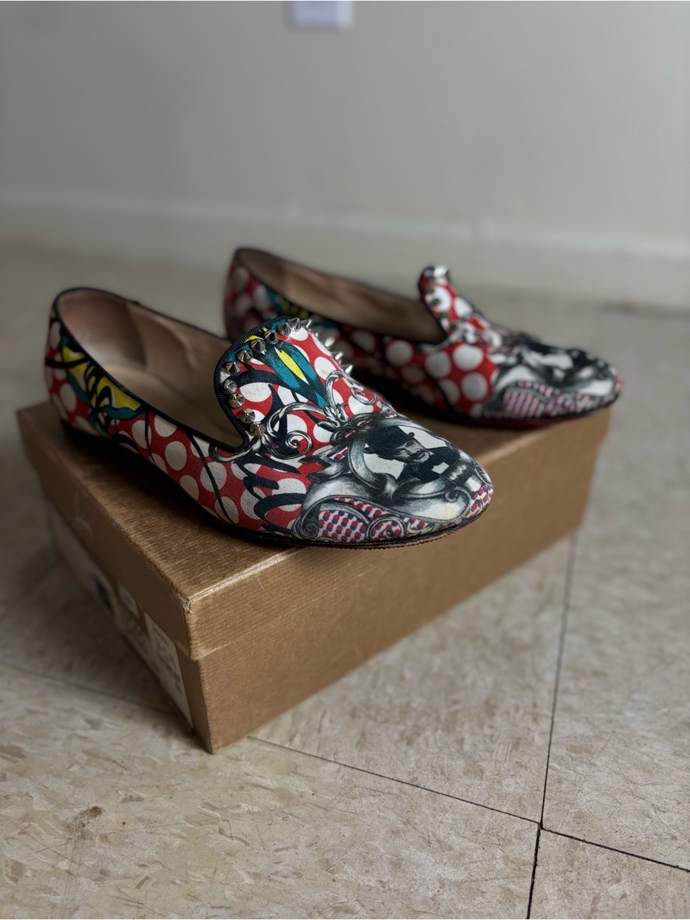 Christian Louboutin Red Multi-Print Studded Loafers